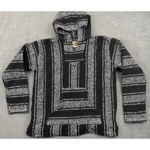 Earth Ragz Mexican Baja Pullover Hoodie Drug Rug Black & Grey Size Small